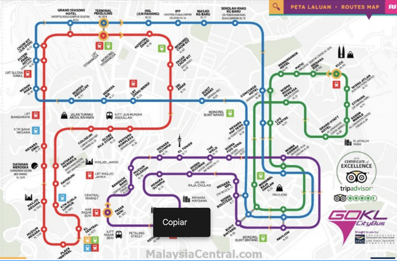 Mapa de líneas del autobús GoKL en Kuala Lumpur